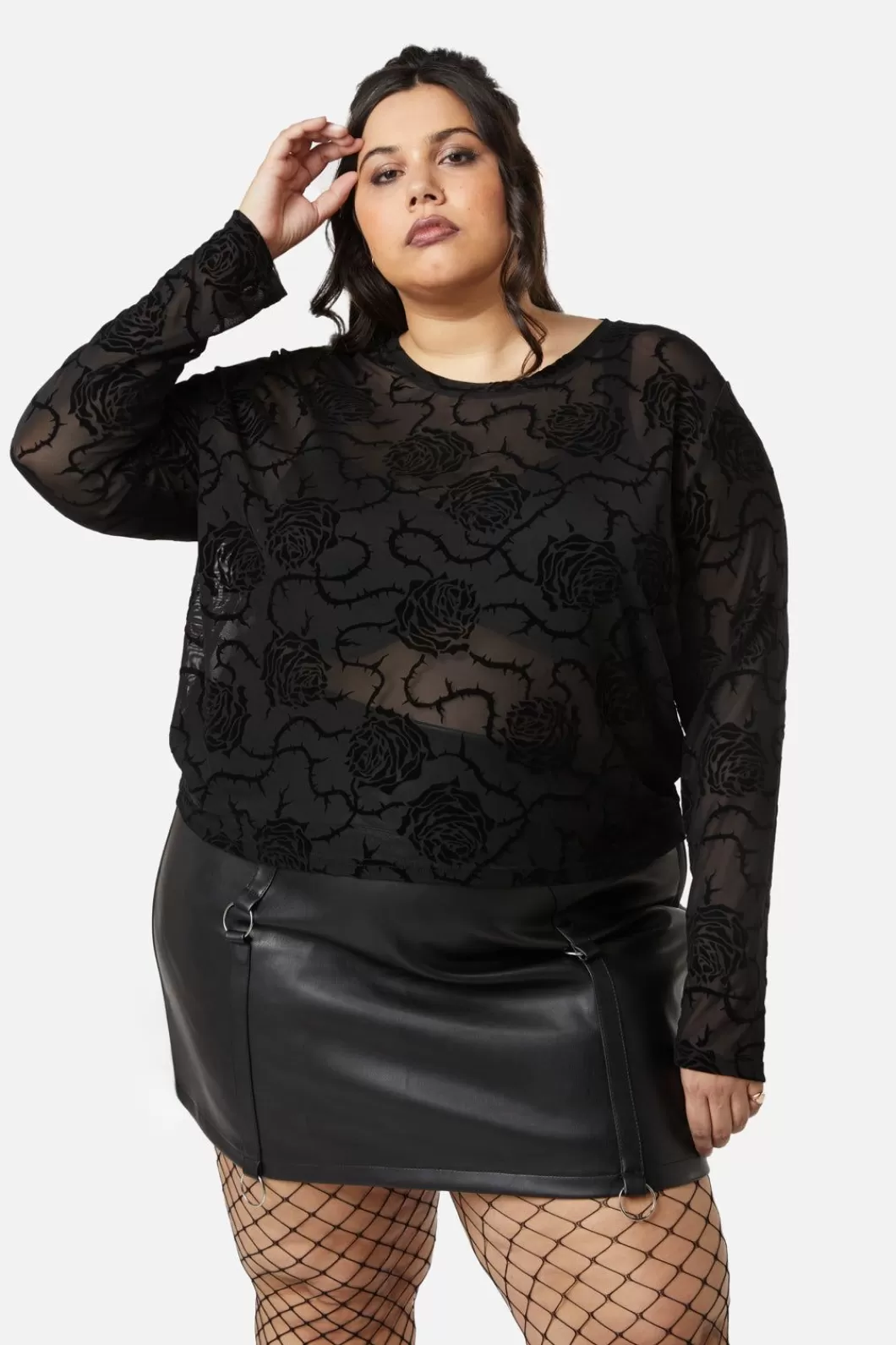 Curve Tops & Blouses<Dangerfield Curve Decaying Days Flocked Mesh Top