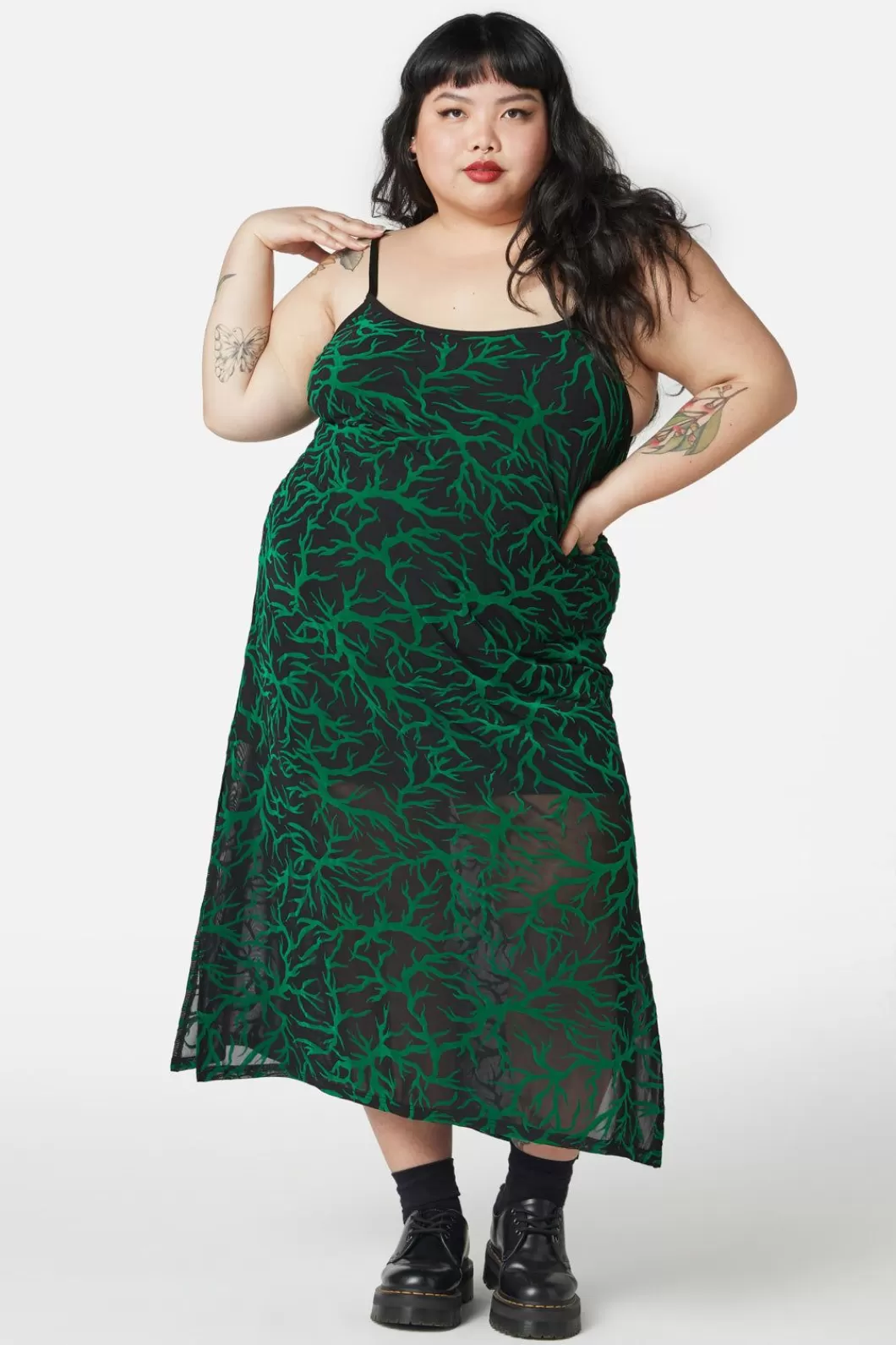 Dresses & Pinafores<Dangerfield Curve Neglected Flocked Mesh Midi Dress